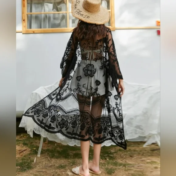 New Beautiful Vintage Look Floral Lace Kimono Duster Cover Up Black